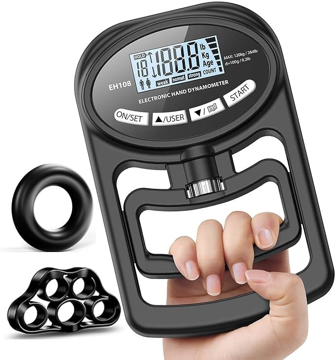 Hand Grip Strength Tester Trainer - Electronic Hand Dynamometer Forearm Grip Strengthener Exerciser Digital Training Gauge 265 Lbs 120 Kgs for Sport Home School Use - Product Image