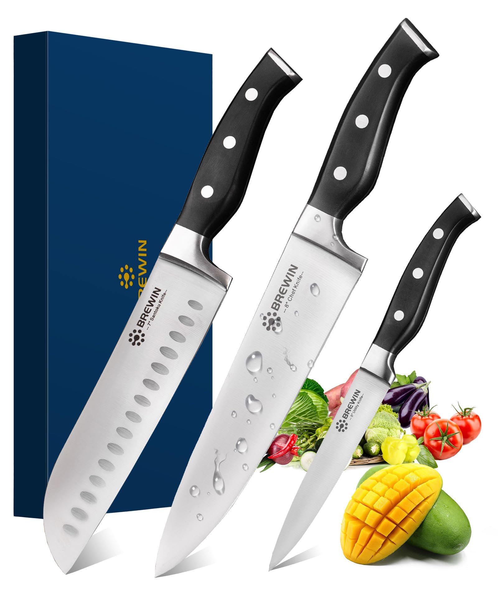Brewin Professional Kitchen Knives, 3PC Chef Knife Set Sharp Knives for Kitchen High Carbon Stainless Steel, Japanese Cooking Knife with Gift Box - Product Image