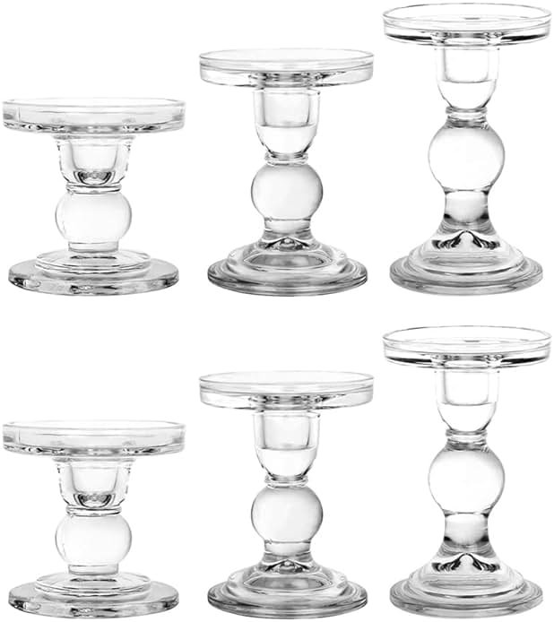 BTGLLAS 6-Piece Set of Glass Candlestick, Crystal Candlestick Holder Holder and Conical Candle, Christmas Candle Holder Decoration, Family Living Room Wedding Candle Holder (Clear 2sets) - Product Image