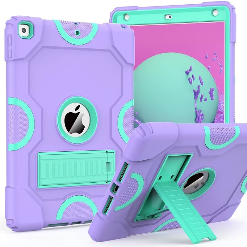 ZoneFoker for iPad 9th Generation Case, iPad 8th 7th Generation Case, iPad 10.2 Inch 2021/2020/2019 Case, Heavy Duty Rugged Shockproof Protective Cover with Kickstand Purple/Green - Product Image