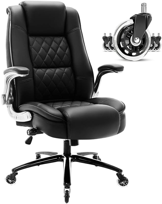 High Back Office Chair- Flip Arms Adjustable Built-in Lumbar Support, Executive Computer Desk Chair Work Chairs, Thick Padded Strong Metal Base Quiet Wheels, Ergonomic Design for Back Pain - Product Image