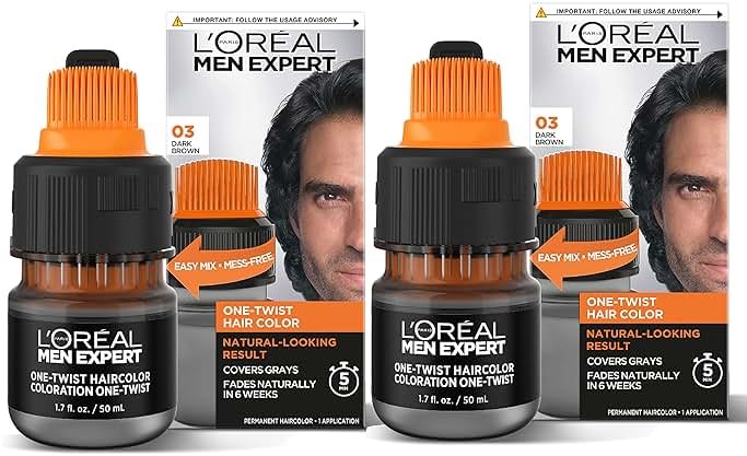 L’Oreal Paris Men Expert One Twist Mess Free Permanent Hair Color, Mens Hair Dye to Cover Grays, Easy Mix Ammonia Free Application, Dark Brown 03, 2 Application Kit - Product Image