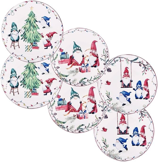 Bico Christmas Gnomes Appetizer Plates Set of 6, 6 Inch Small Ceramic Dessert Plates for Snacks, Salad, Tablescape, Microwave and Dishwasher Safe, Gift for Housewarming and Thanksgiving - Product Image