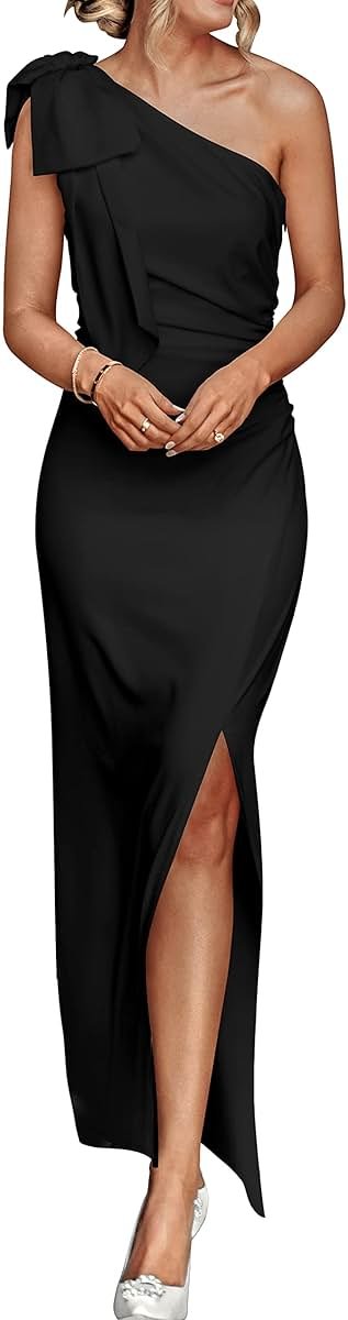 PRETTYGARDEN Women's Summer One Shoulder Long Formal Dresses Sleeveless Ruched Bodycon Wedding Guest Slit Maxi Dress - Product Image