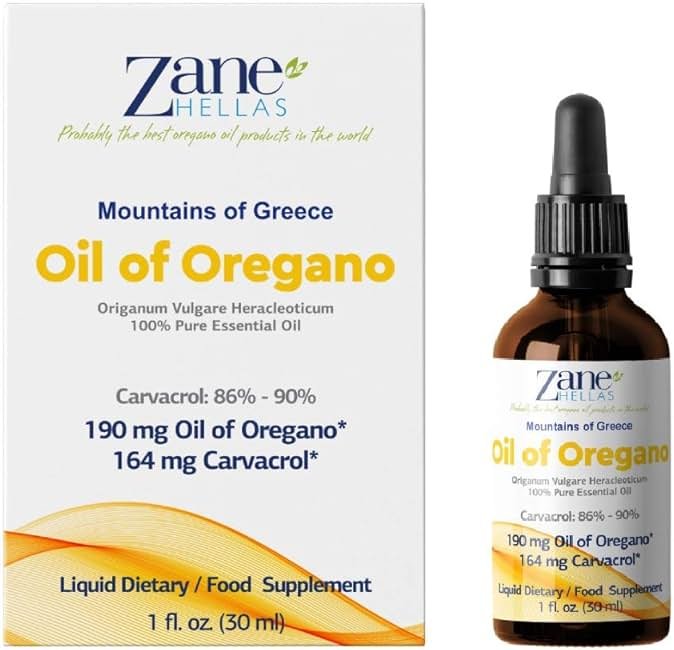 Zane Hellas 190 mg Oregano Oil-164 mg Carvacrol per Serving-4 Drops Daily. 100% Greek Undiluted Oil of Oregano. 86%-90% Min Carvacrol. Probably The Best Oregano Oil in The World. 1 fl. oz.- 30ml - Product Image