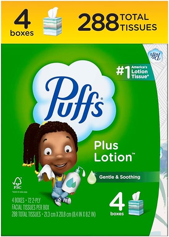 Puffs Facial Tissues Plus Lotion, 4 Mega Cube Boxes, 72 Facial Tissues per Box, Allergies and Colds (Packaging May Vary) - Product Image
