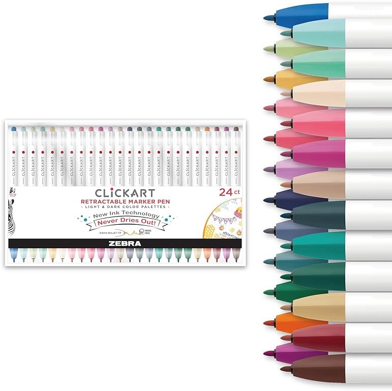 Zebra Pen CLiCKART Retractable Felt Tip Pen, Assorted Ink Colors, 0.6mm Fine Point, Moisture Absorbing to Prevent Drying Out, No Bleed, Ideal for Journaling, Drawing and Writing, 24-Pack (69824) - Product Image
