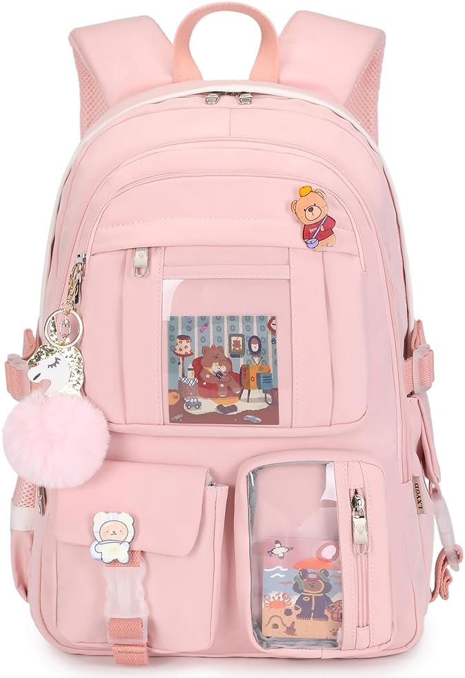 Backpack for Girls with Accessories Laptop Bookbags 16 Inch Kawaii Kids Elementary Middle High School Bag College Travel Daypack Gifts for Teens Women Students (Pink) - Product Image
