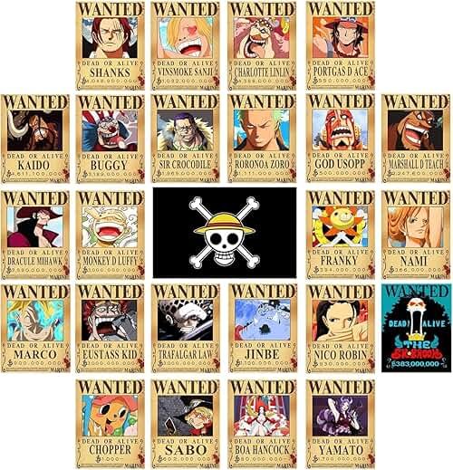 TYZZHOA 25PCS Anime [OP] Wanted Posters 30×21cm, New Bounty Edition, Straw Hat Pirates Crew Nika Luffy 3 Billion, Zoro, Sanji, [OP] Anime Gifts(Retro) - Product Image