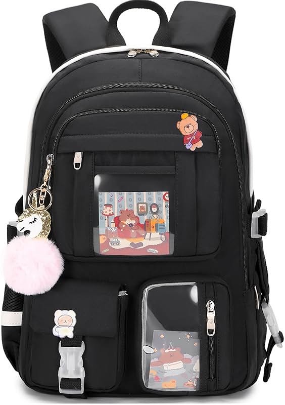 Backpack for Girls with Accessories Laptop Bookbags 16 Inch Kawaii Kids Elementary Middle High School Bag College Travel Daypack Gifts for Teens Women Students (Black) - Product Image