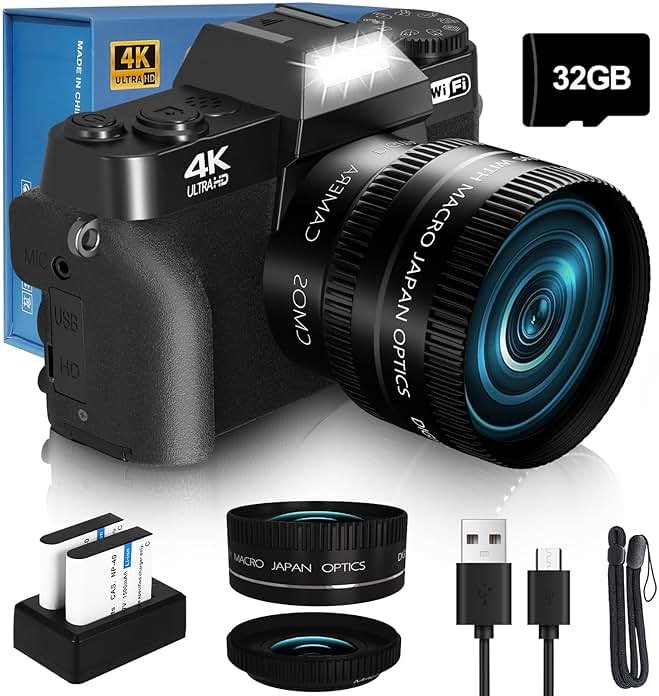 2026 Upgrade VJIANGER Digital Camera for Photography Vlogging Camera for YouTube with WiFi, 180° Flip Screen, 16X Digital Zoom, 52mm Lens, 2 Batteries, 32GB Micro SD Card(Black) - Product Image