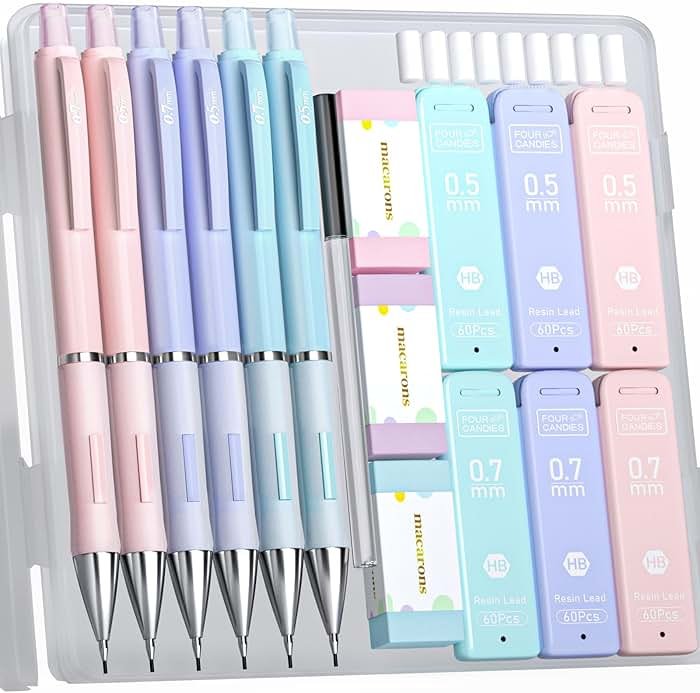Four Candies 6PCS Cute Mechanical Pencil Set, 0.5mm & 0.7mm with 360PCS Lead Refills, Pastel Erasers & Case, Clean Girl Preppy School Supplies for College Standardized Tests and Schoolwork - Product Image