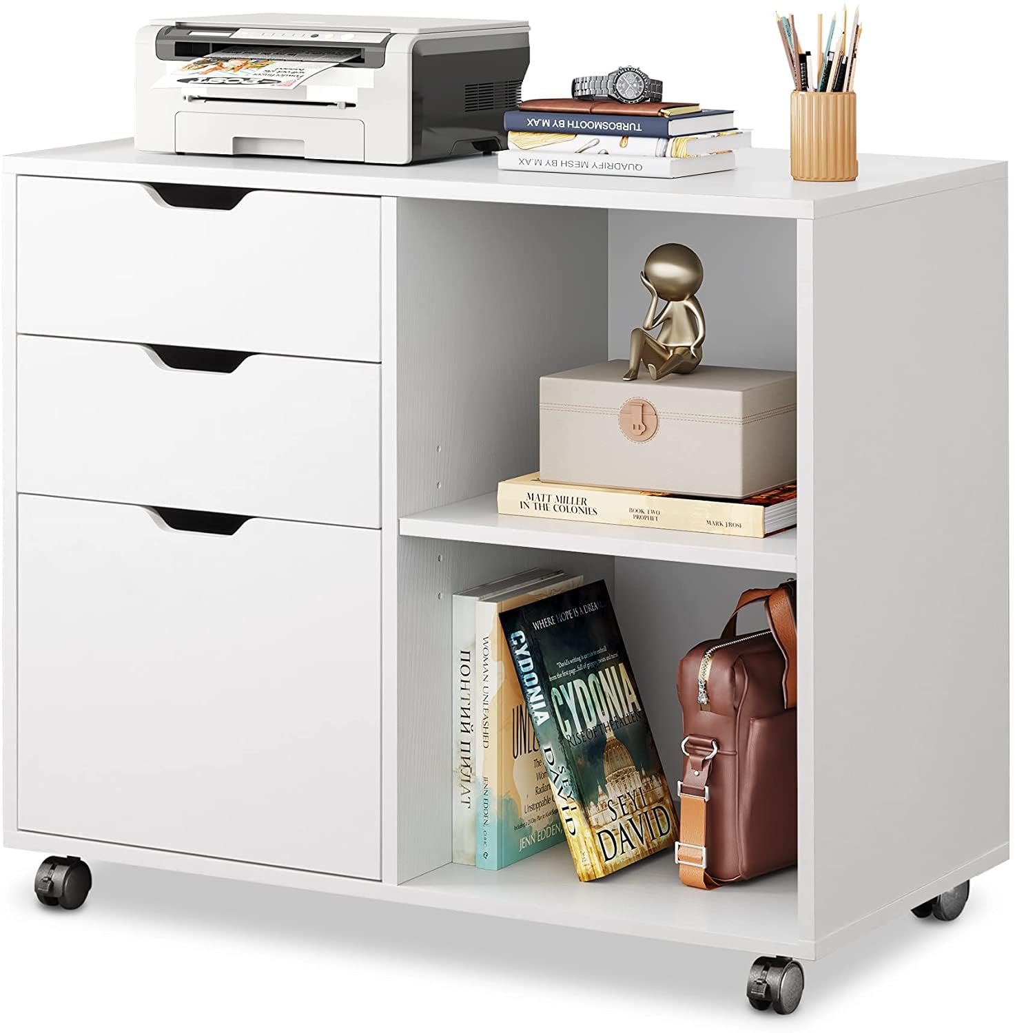 DEVAISE 3-Drawer Wood File Cabinet, Mobile Lateral Filing Cabinet, Printer Stand with Open Storage Shelves for Home Office, White - Product Image