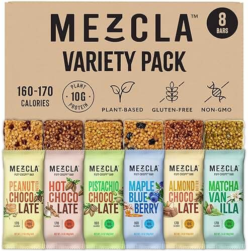 Mezcla Puff-Crispy Plant Based Protein Bars - Variety Pack - Healthy Snacks for Adults & Kids - Granola Bars for School, Travel, & Office Snacks - Gluten Free, Vegan, Non GMO, 10g Protein - 8 Count - Product Image