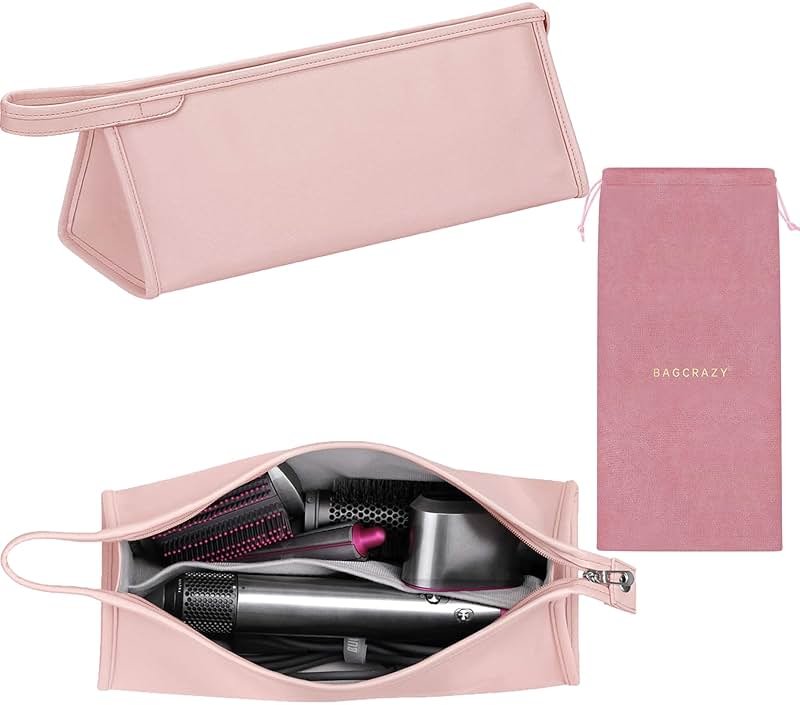 BAGCRAZY Pu Leather Travel Case Compatible with Dyson Airwrap Styler, Portable Waterproof Organizer Bag for Shark FlexStyle Attachments Storage, Pink - Product Image
