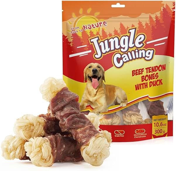 Jungle Calling Long Lasting Dog Chews for Medium Large Dogs, Duck Wrapped Beef Tendon Braid Bones - Rawhide-Free Hip and Joint Support Treats with Glucosamine - Product Image