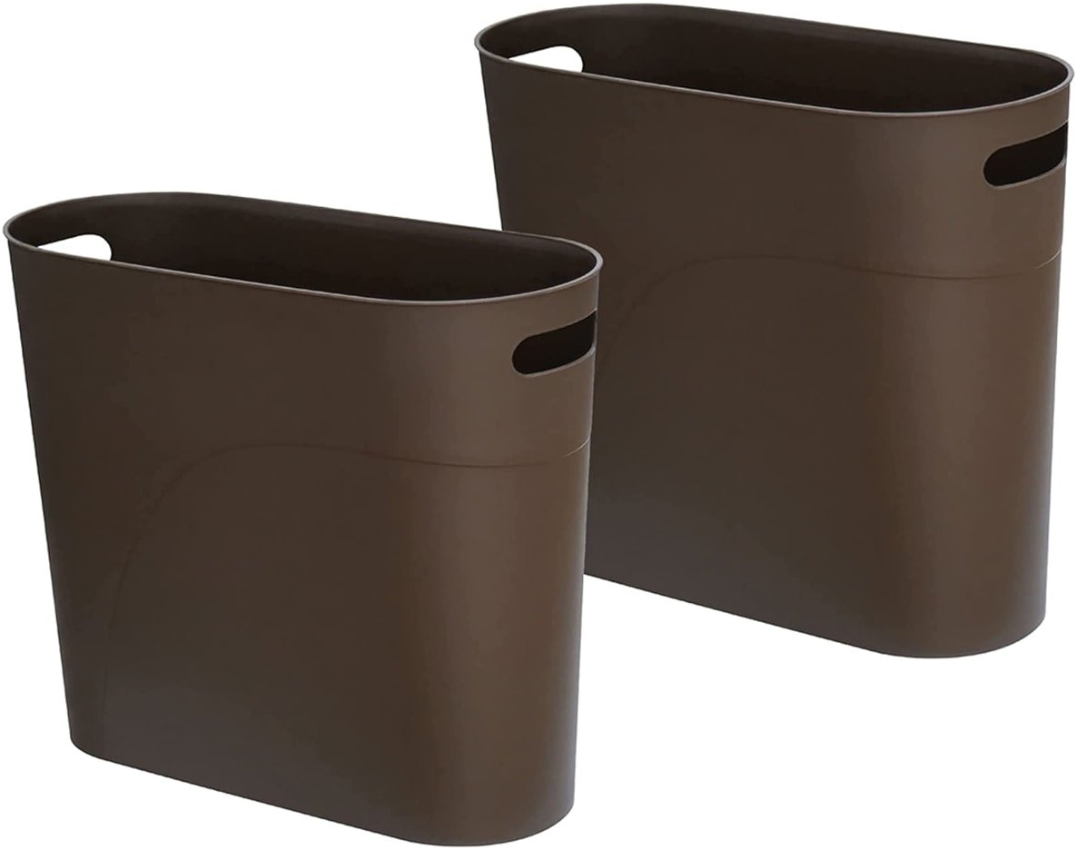 ROYFACC Small Trash Can Plastic Bathroom Wastebasket 3.2 Gallon Slim Garbage Container Bin with Handle for Home Kitchen Bathroom Bedroom Office, 2 Pack (Brown) - Product Image