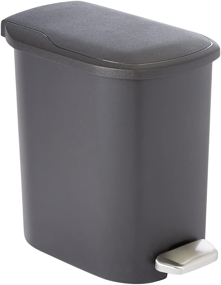 Amazon Basics Compact Plastic Bathroom Trash Can with Soft-Close Lid, Hands-Free Foot Pedal, Removable Inner Bucket, 6L / 1.6 Gallon, Black - Product Image