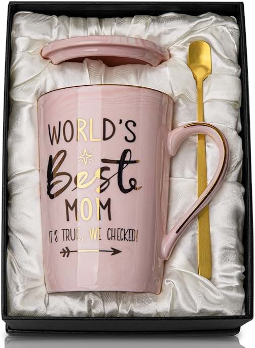 Mothers Day Birthday Gifts for Mom from Daughter Son - 14Oz Funny Best Mom Mug with Gold Print, Unique Pink Marble Coffee Cup with Lid Spoon Greeting Card, Happy Moms Gifts Idea, Luxury Gift Boxed Set - Product Image