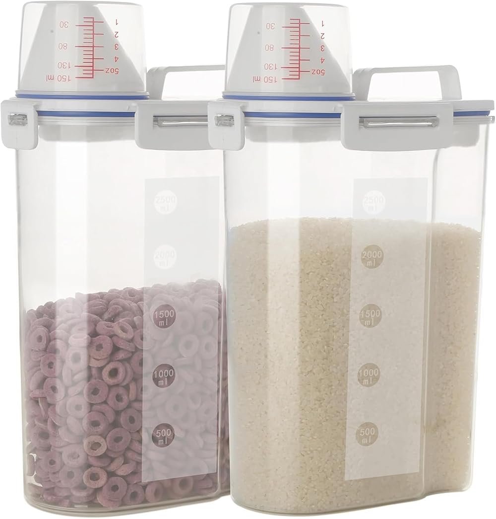 jioko 2 Pcs 5.5 LB Rice Storage Container, Airtight Cereal Flour Dispenser with Pouring Spout & Measuring Cup, Kitchen Plastic Clear Dry Food Storage Bin for Grain Oatmeal Snacks Pet Dog Food - Product Image