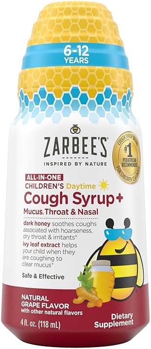 Zarbee's Children's Daytime All-in-One Honey Cough Syrup + Mucus, Throat & Nasal for Kids 6-12 + Dark Honey, Ivy Leaf Extract, Zinc Turmeric Root, & B-Vitamins, Drug-Free, Grape, 4 fl oz - Product Image