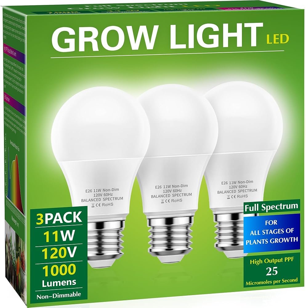 Briignite Full Spectrum LED Grow Light Bulb - A19 E26 Base, 11W (100W Equivalent) - for Indoor Plants, Seed Starting - 3 Pack - Product Image
