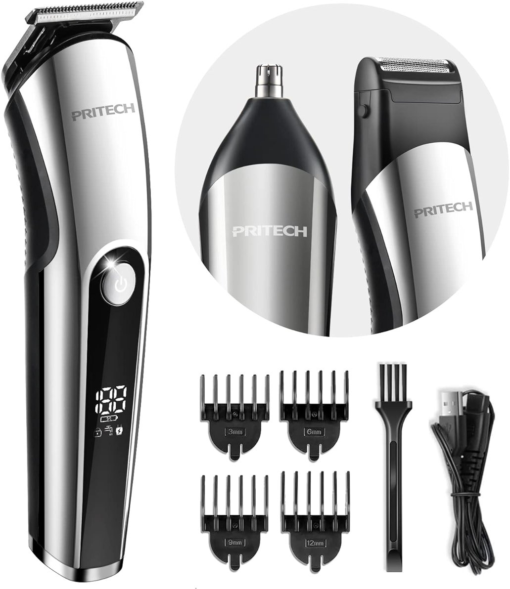PRITECH Beard Trimmer for Men, 3 in 1 Hair Clippers for Men Kit, Nose,Ear,Micro Electric Shaver, Mens Grooming Set Cordless with LED Display IPX6 Waterproof (Silver) - Product Image