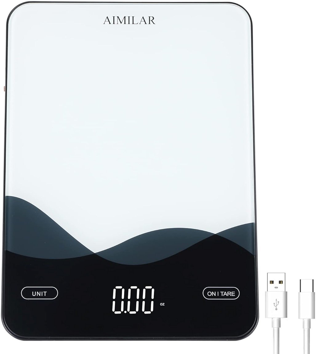AIMILAR Digital Kitchen Scale 22lb/10kg USB-C Rechargeable, Tempered Glass Top Easy Clean, LED Touch Screen No Buttons, Auto Shut Off - Product Image