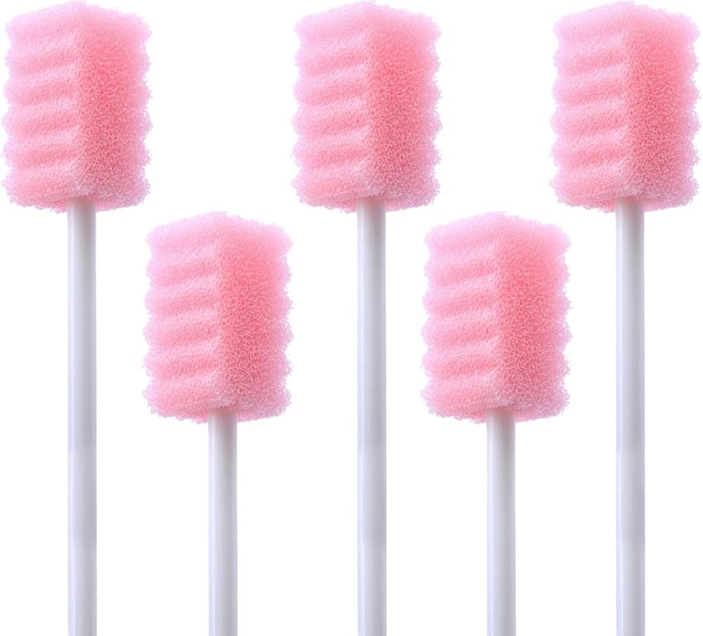 100 Pcs Mouth Swabs for Elderly, Individually Wrapped Oral Care Swabs, Unflavored Disposable Dental Swabsticks for Mouth Cleaning, Sawtooth-Shaped Pink Sponge - Product Image
