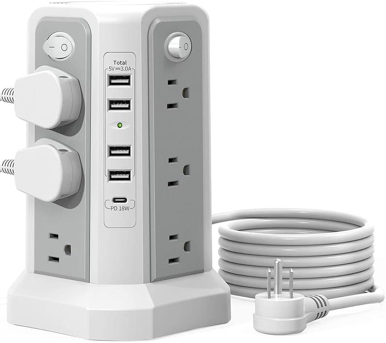 Surge Protector Power Strip Tower with PD18W USB C Port,10FT Extension Cord with 12 AC Mutiple Outlets 5 USB Charging Ports, PASSUS Power Tower Surge Protection for Home Office Dorm Room - Product Image