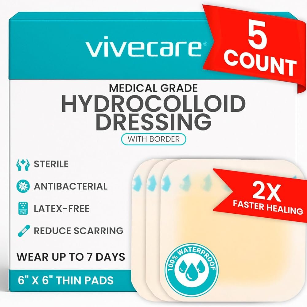 ViveCare Hydrocolloid Dressing 6x6 (5 Pack) - Large Sterile Bandages - Wound & Pressure Sore Fast Healing Patch - Waterproof Dressing for Blisters, Burns, Bed Sores, Cysts, Cuts & Ulcers - Product Image