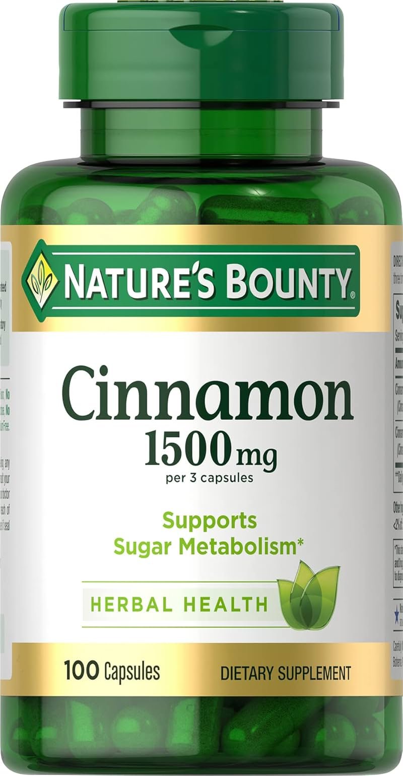 Nature's Bounty Cinnamon Capsules, Herbal Supplement, Supports Sugar Metabolism, 1500mg, 100 Capsules - Product Image