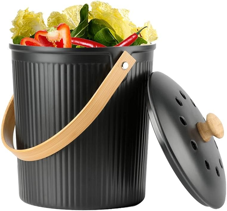 Countertop Compost Bin, LALASTAR Compost Bin Kitchen with Lid, Made of Sustainable Bamboo Fiber, Indoor Food Composter for Kitchen, Odorless, 1 Gallon, Black - Product Image