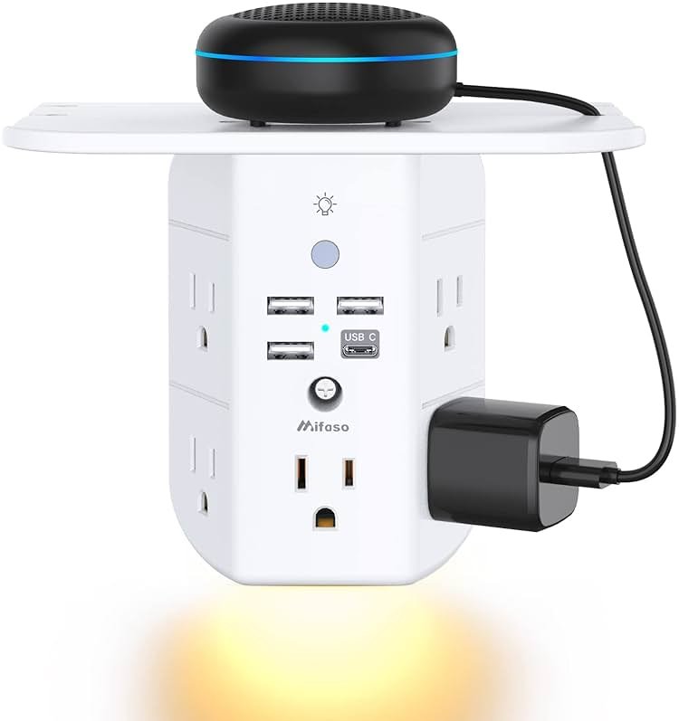 Wall Outlet Extender with Shelf and Night Light, Surge Protector, Wall Mount Charger Multi Plug Expander with 5 AC Outlets and 3 USB A Ports 1 USB C, Wide Space 3-Sided Power Strip Multi Plug Outlets - Product Image