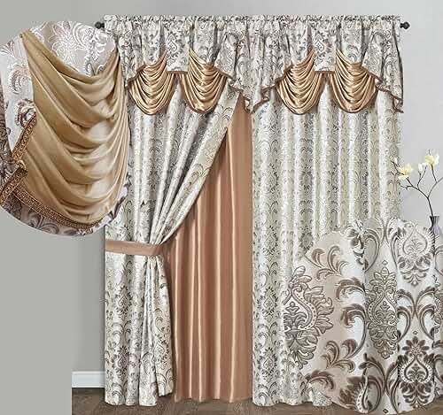 GOHD Samba Star. Jacquard Window Curtain Panel Drape with Attached Fancy Valance and Taffeta Backing. 2pcs Set. Each pc 54" Wide x 90" Drop with 18" Valance. (Sand) - Product Image