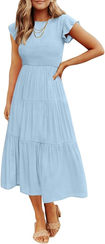 ZESICA Women's 2026 Summer Casual Flutter Short Sleeve Crew Neck Smocked Elastic Waist Tiered Midi Dress - Product Image