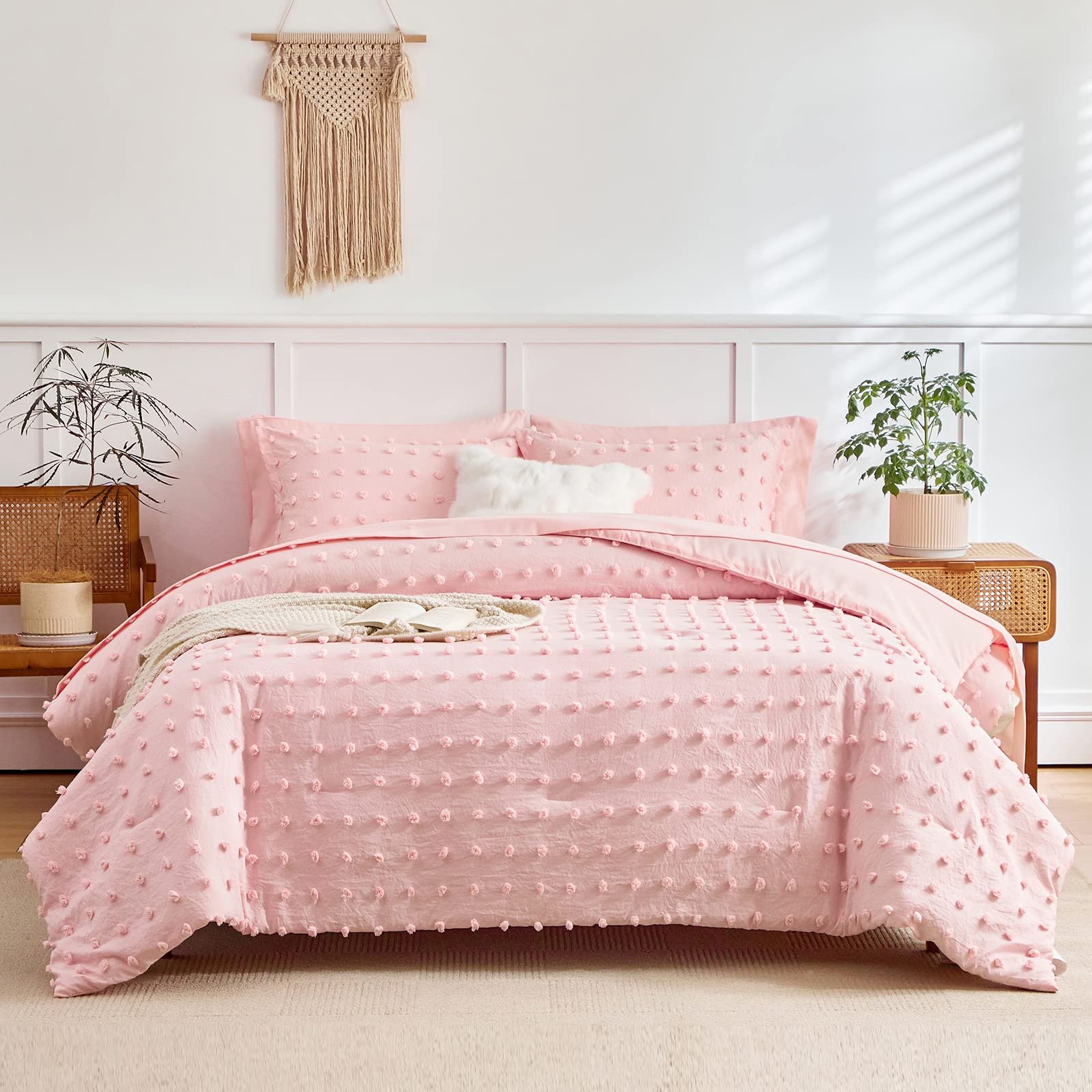 6 Pieces Tufted Dots Bed in a Bag Twin Comforter Set Girls Pink , Soft and Embroidery Shabby Chic Boho Bohemian Comforters, Luxury Solid Color with Pom Pom Design, Jacquard Tufts Bedding Set for Kids - Product Image