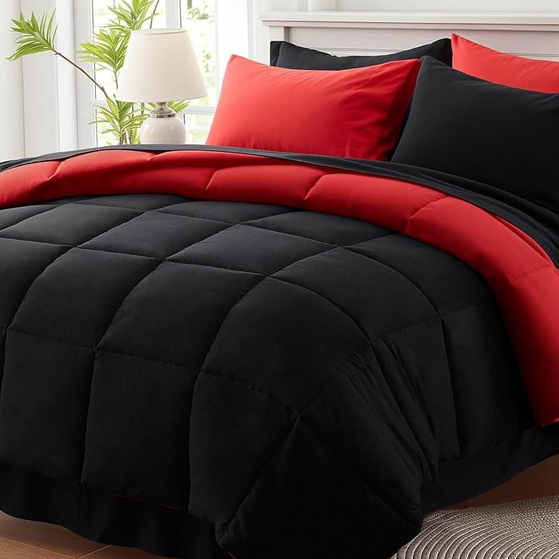 Anluoer Queen Comforter Set 7 Piece, Reversible Bed in a Bag Queen Size, Soft Bedding Set with Comforter(88"X88"), 2 Pillow Shams, 2 Pillowcases, 1 Flat Sheet, 1 Fitted Sheet, Red & Black - Product Image