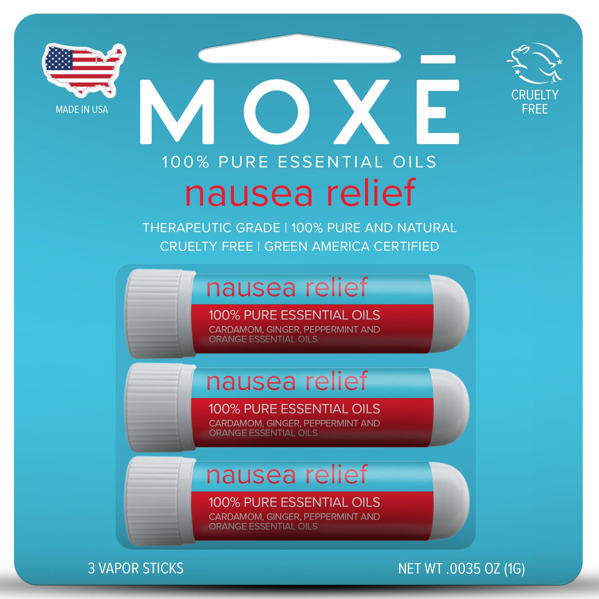 MOXE Nausea Nasal Inhaler Sticks, All Natural Essential Oil Blend, Ginger, Cardamom, Peppermint, Sweet Orange, Upset Stomach, Headaches, Easy-to-Use Portable Aromatherapy, Made in USA, 3 Pack - Product Image