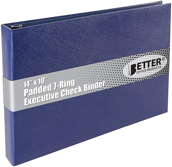 Better Office Products 7 Ring Executive Check Binder with Zipper Pouch, Padded Blue Textured Cover, for 9" x 13" 3 Per Page Business Checks, 600 Check Capacity Checkbook Holder - Product Image