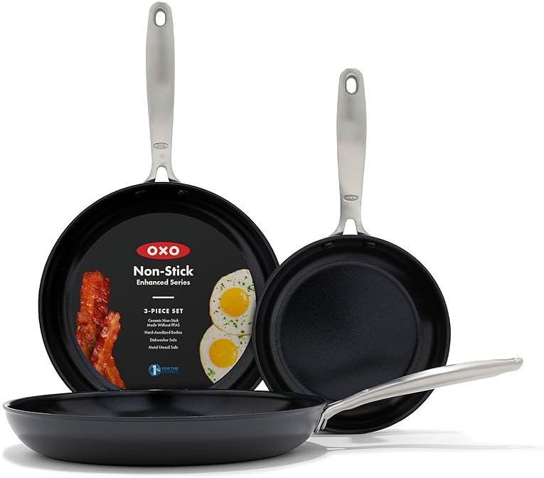 OXO Enhanced, 8" 10" and 12" 3 Piece Frying Pan Skillet Set, Healthy Ceramic Nonstick, PFAS-Free, Stainless Steel Handle, Dishwasher Safe, Oven Safe, Black - Product Image