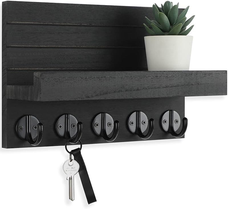 Lwenki Key Holder for Wall, Decorative Key and Mail Holder with Shelf Has Large Hooks for Bags, Coats, Umbrella – Paulownia Wood Key Hanger with Mounting Hardware (9.8”W x 6.7”H x 4.2”D) - Product Image