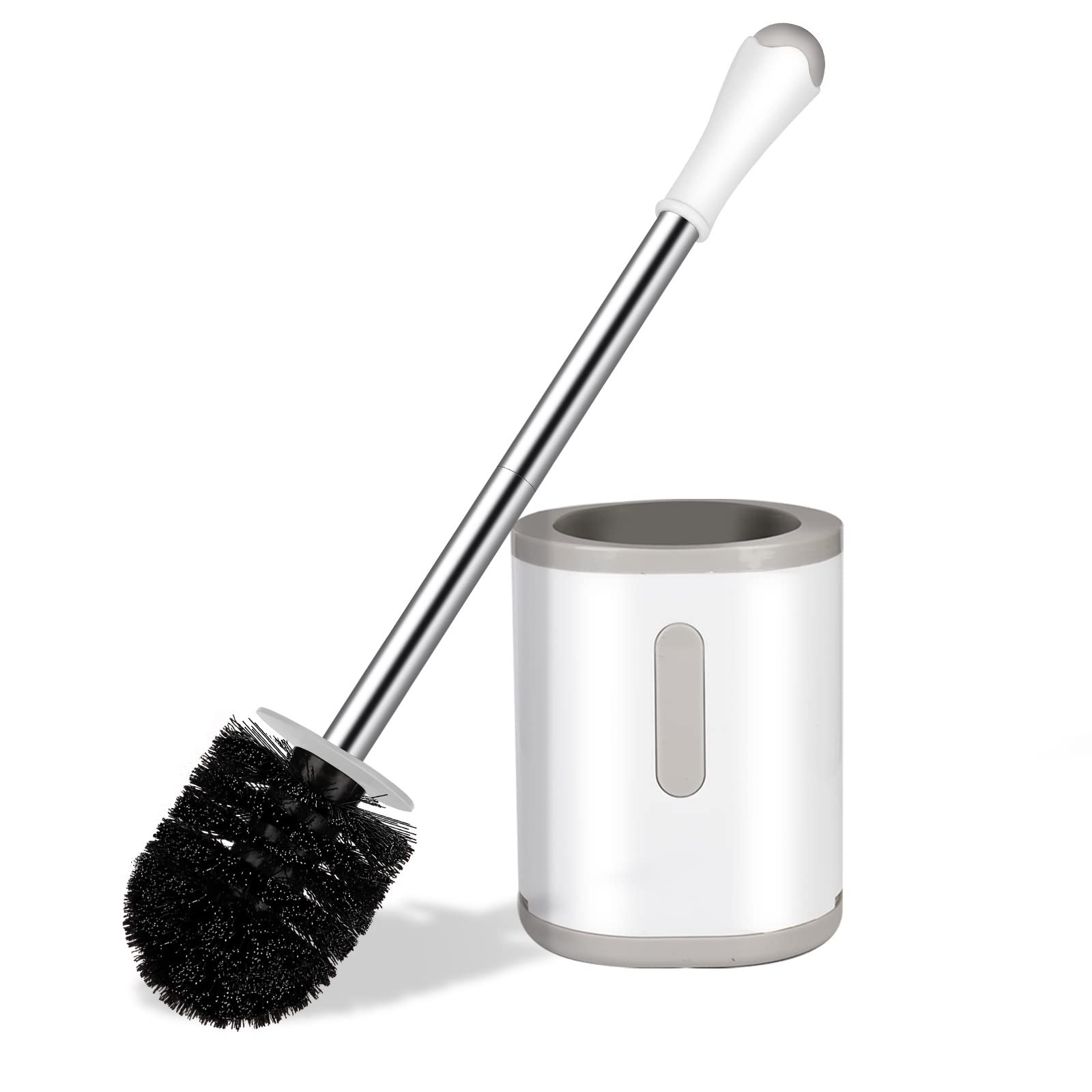 AONEZ Compact Toilet Brush & Holder, Stainless Steel Handle, Space Saving for Storage, Deep Cleaning, Drip-Proof, Easy to Assemble, Nylon Bristles, White & Grey - Product Image
