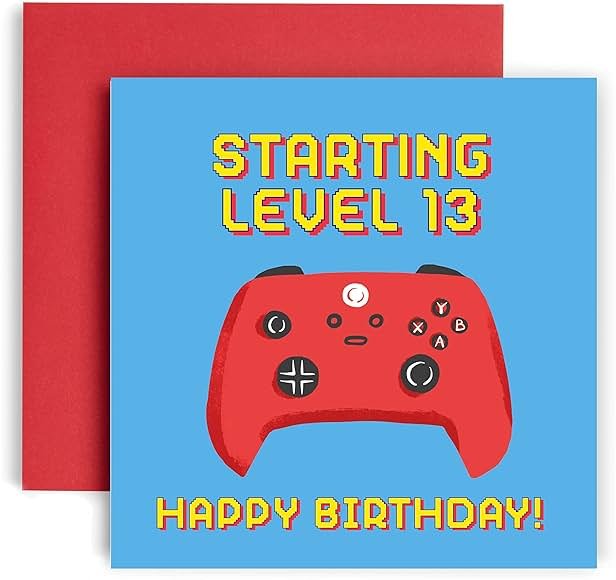 Huxters Happy Birthday Card for Teens – Gaming Birthday Card for Boys and Girls, Grandson birthday Ages 10-18 – Computer Funny Card– Unique Video Game Design – 14.8cm square (Age 13) - Product Image
