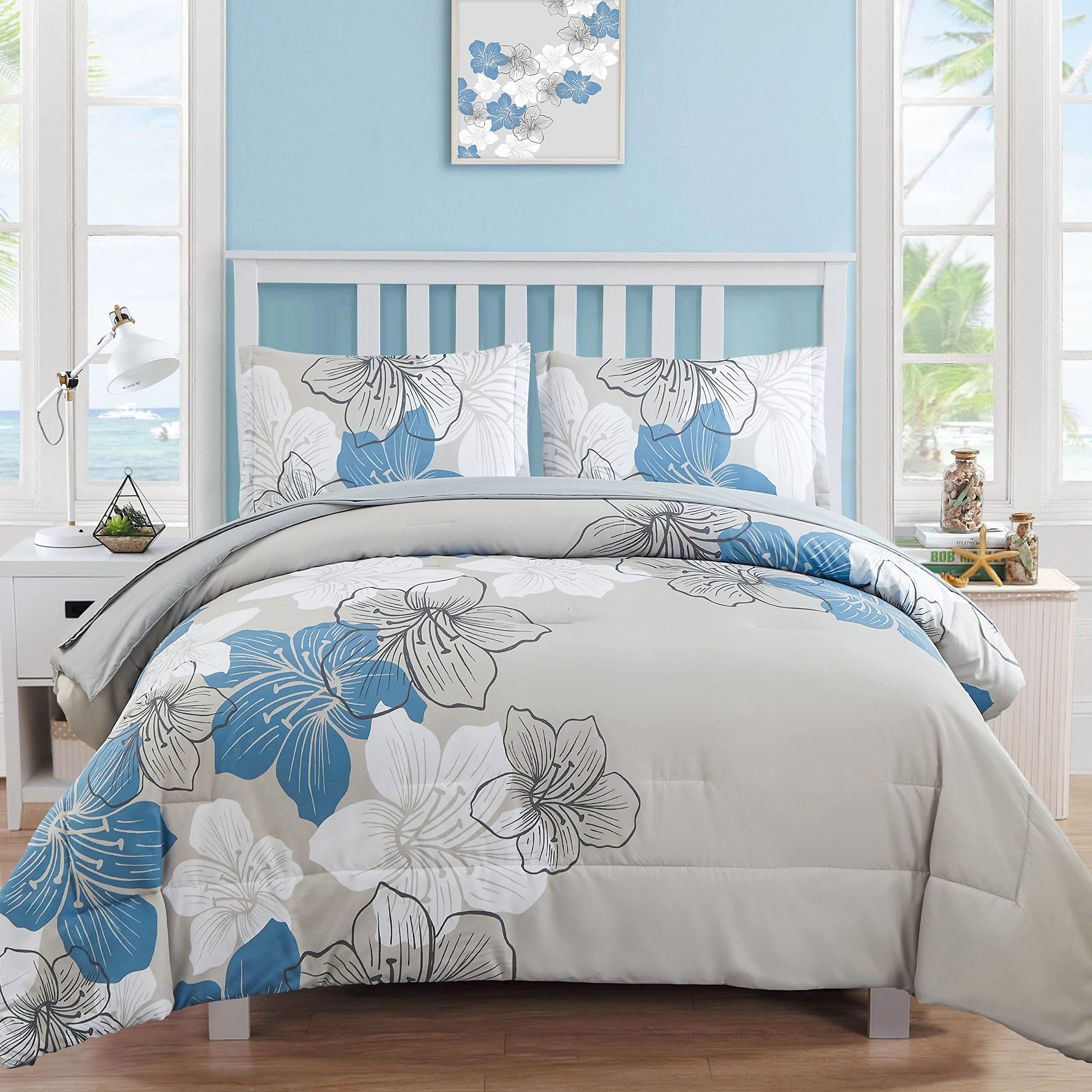 Luxudecor Floral Comforter Set Queen Size, Blue Floral Comforter and Sheet Set, 7 Pieces Bed in a Bag Soft Microfiber Complete Bedding Sets for All Seasons 90"×90" - Product Image