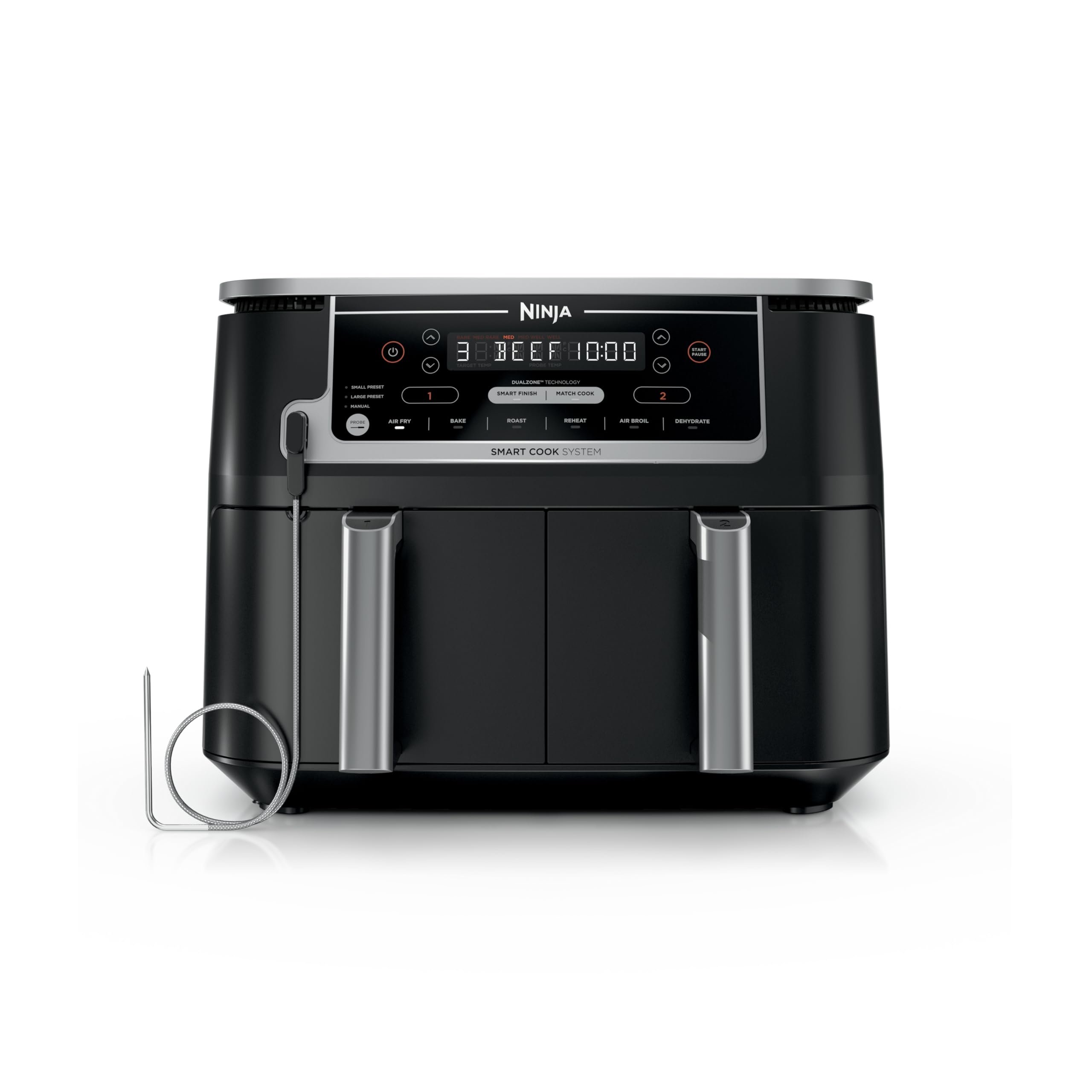 Ninja DZ550 Foodi 10 Quart 6-in-1 DualZone Smart XL Air Fryer with 2 Independent Baskets, Smart Cook Thermometer for Perfect Doneness, Match Cook and Smart Finish to Roast, Dehydrate and More, Black - Product Image