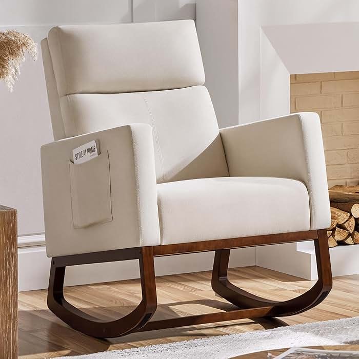 Yaheetech Rocking Chair, Modern Glider Chair, Recliner Armchair with Wood Legs and Side Pocket, Nursery Rocking Accent Chair with High Back for Living Room Bedroom, Beige - Product Image