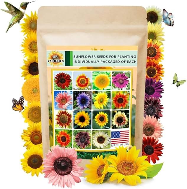 1000+ Sunflower Seeds for Planting Heirloom Non-GMO, Bulk Package of 15 Varieties Mix Seeds, Individually Packaged, Attracts Pollinators (Helianthus annuus) - Product Image