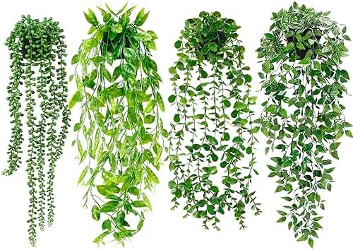 Palonu 4 Pack Faux Artificial Hanging Plants, UV Resistant Fake Potted Greenery with Eucalyptus Vine, Mandala, Pea Pod Leaves & String of Pearls in Pots for Living Room Bathroom Indoor Outdoor Décor - Product Image