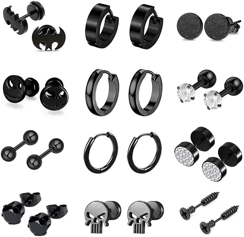 12 Pairs Earrings for Men Punk Mens Earrings Stainless Steel Black Silver Earrings Cool Flatback Screw Skull Stud Earrings for Eboys… - Product Image